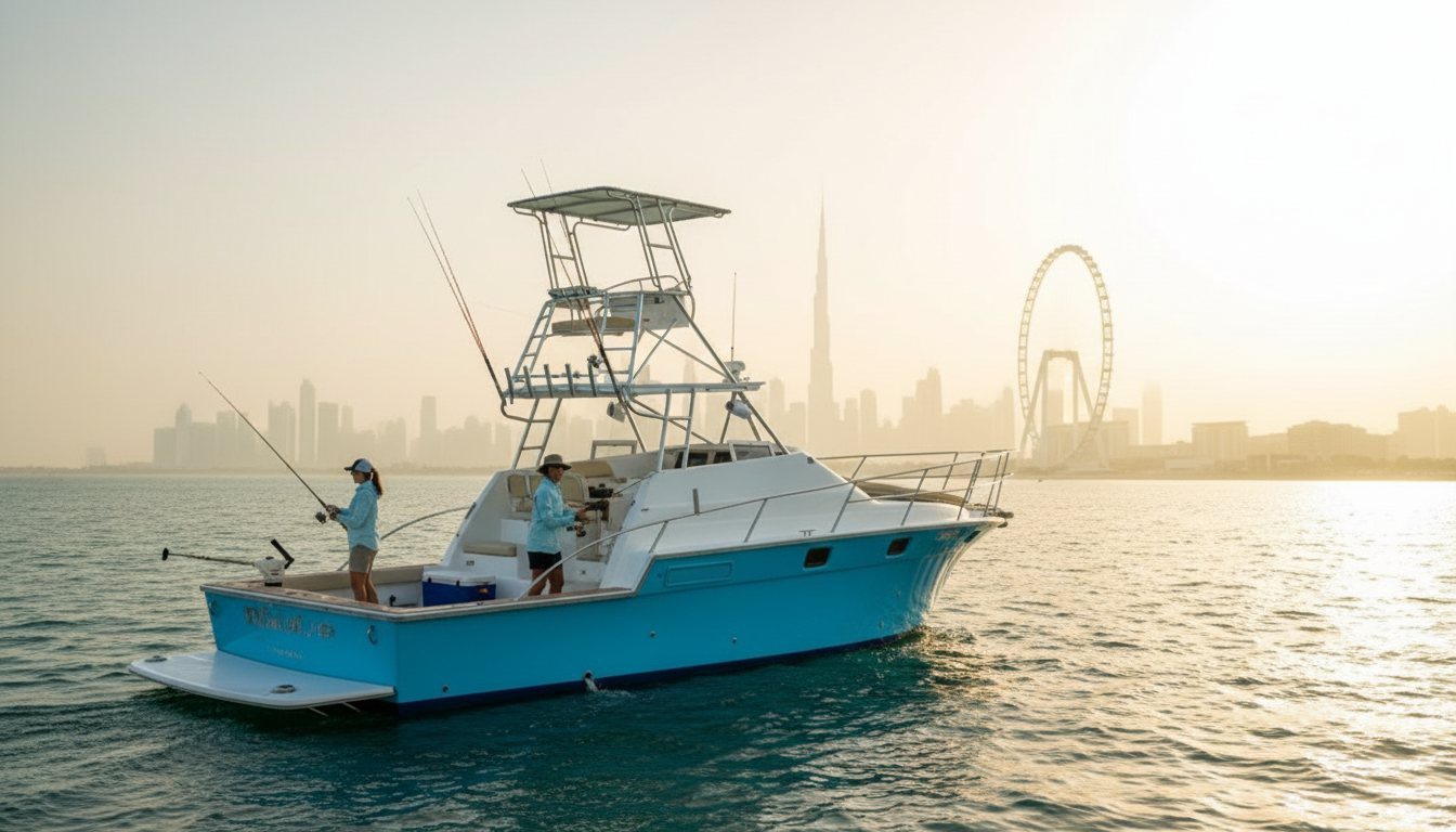 Anglers holding fishing rods at the stern of a boat off Dubai waters