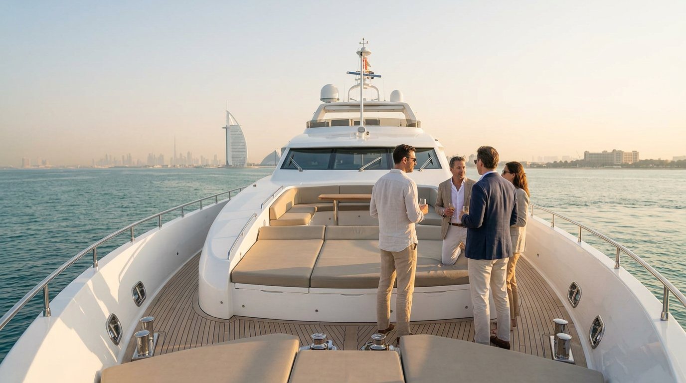 Business group socializing on a yacht deck with the glowing Dubai skyline behind