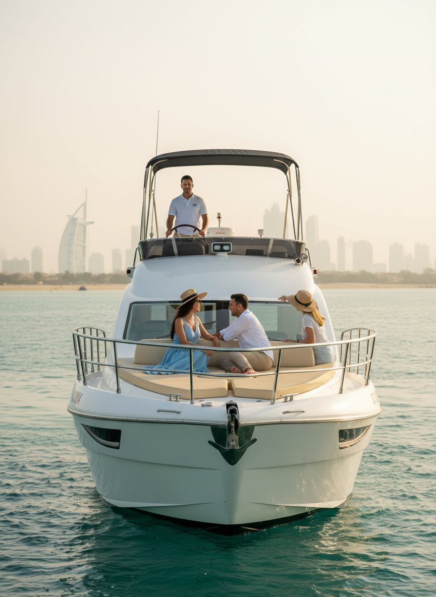 Captain navigating the yacht while guests unwind near the stern in Dubai