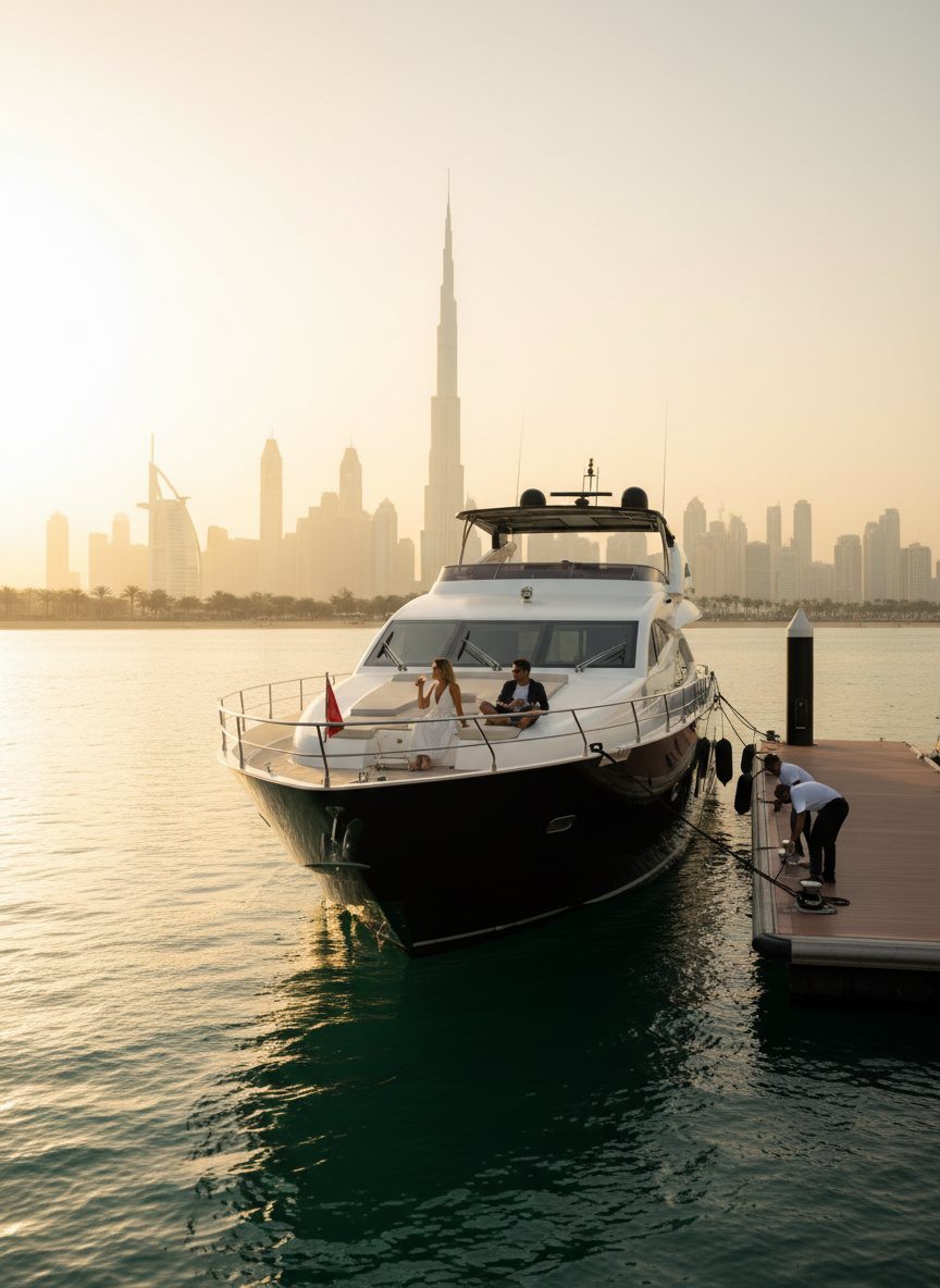 Charter yacht crew waiting on a brightly lit marina walkway in Dubai