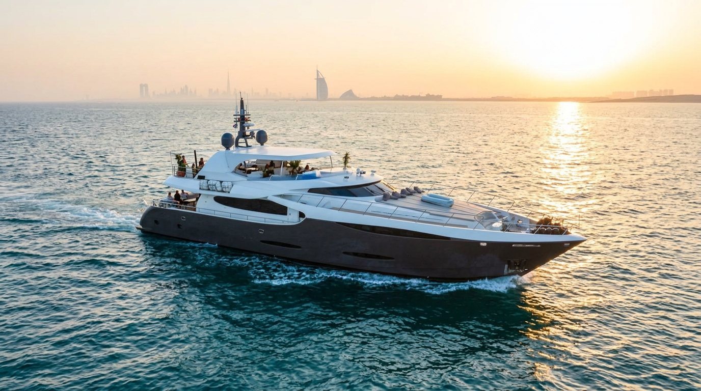 Charter yacht cruising over peaceful waters with the distant Dubai city silhouette