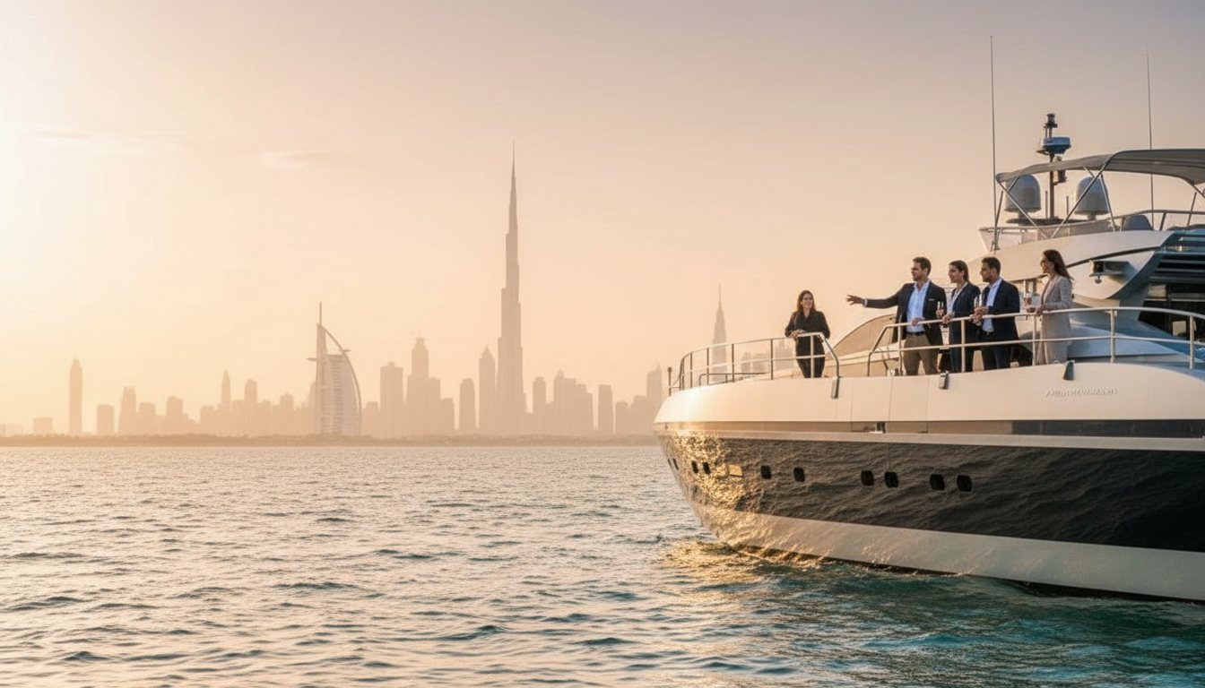 Colleagues in smart casual attire chatting on a yacht deck along Dubai coast