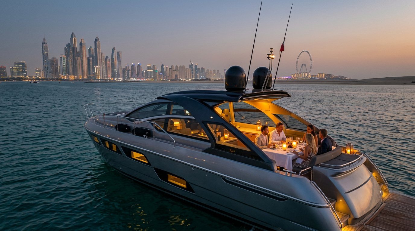 Elegant dinner table with candles on a yacht deck against illuminated Dubai Marina