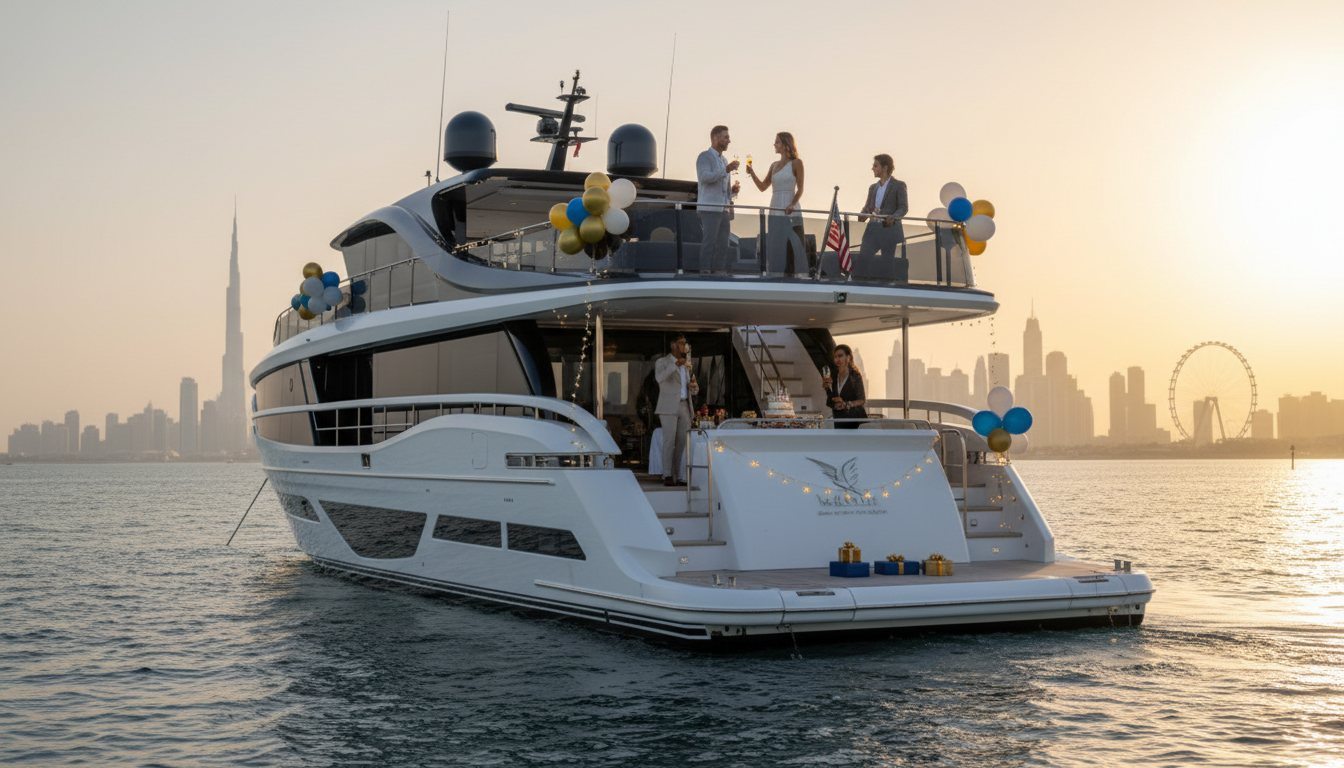 Friends celebrating with colorful balloons on a yacht deck along the Dubai shore