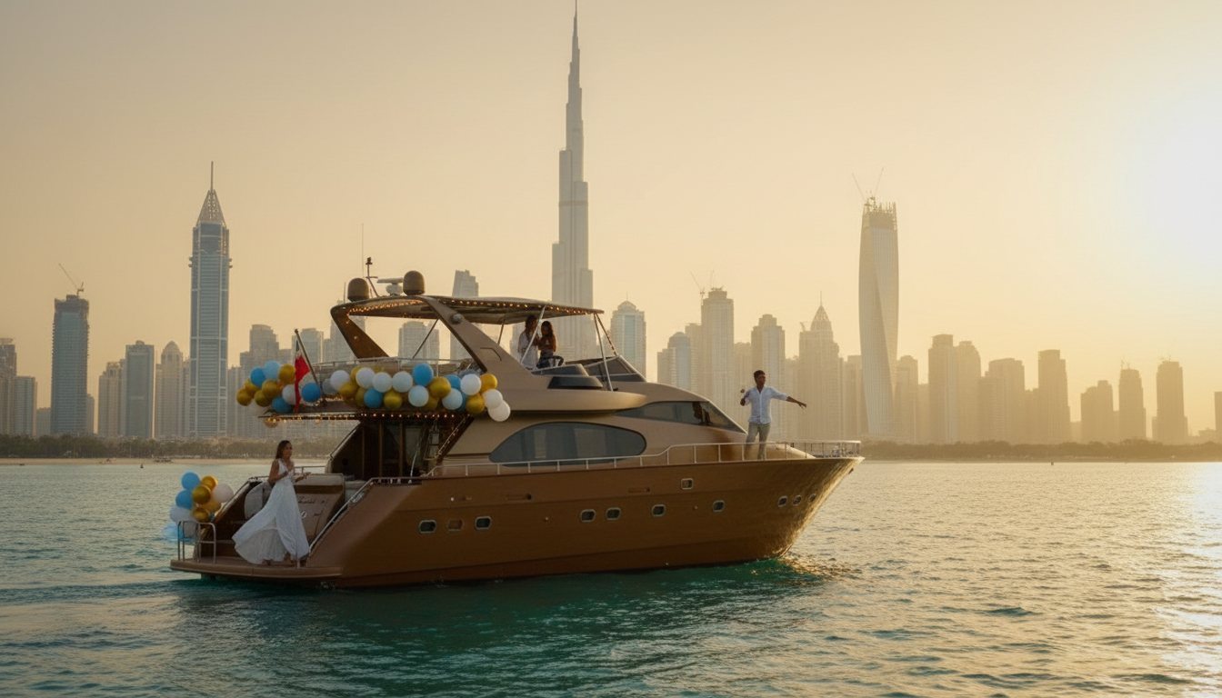 Guests enjoying a balloon-decorated yacht party along the scenic Dubai coastline