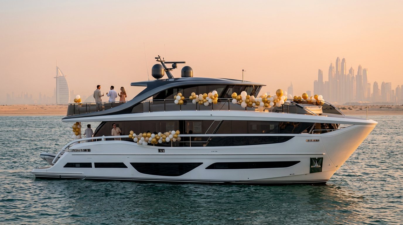Guests enjoying a balloon-decorated yacht party along the scenic Dubai coastline