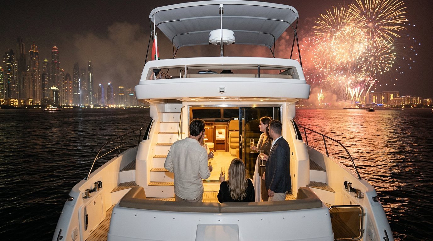 Guests raising glasses on a yacht deck during nighttime fireworks over Dubai