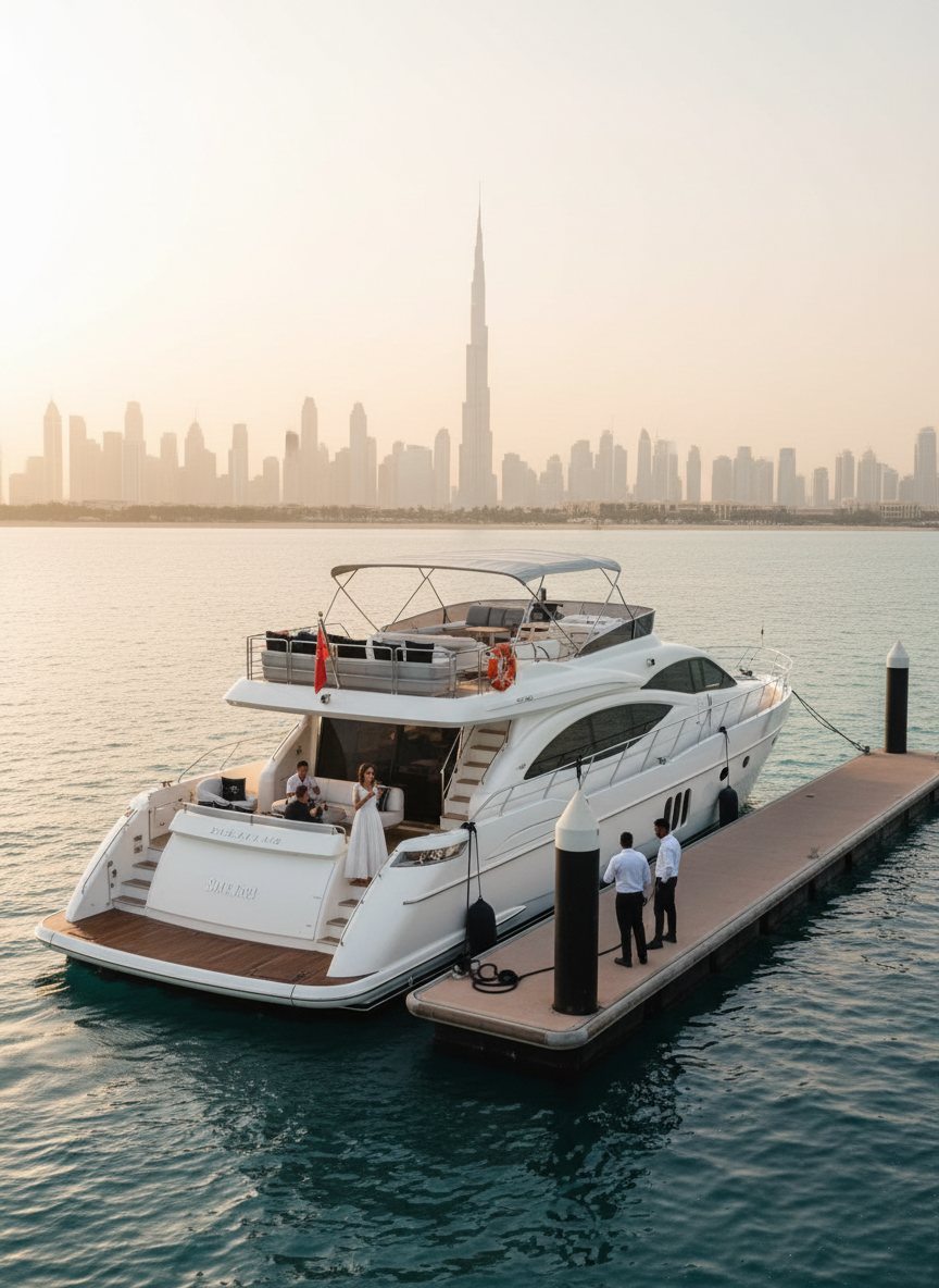 Professional yacht crew gathered on a sunny Dubai pier viewed across the water