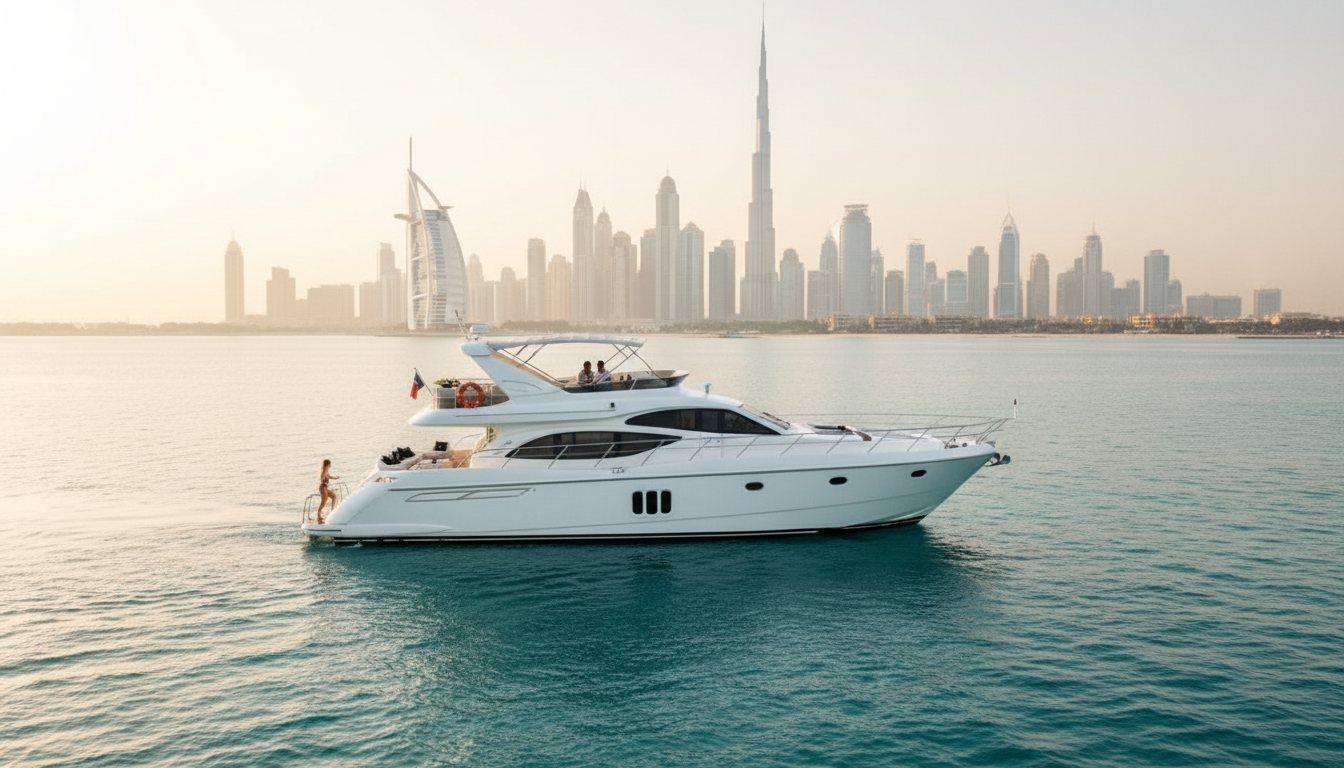 Biały jacht na spokojnym morzu przed zachodem słońca z panoramą Dubaju