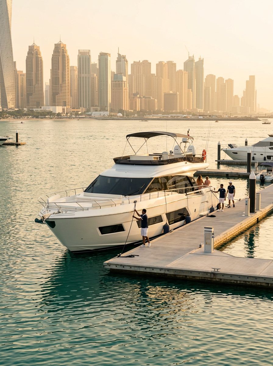Yacht crew standing along the marina dock before sunset in Dubai