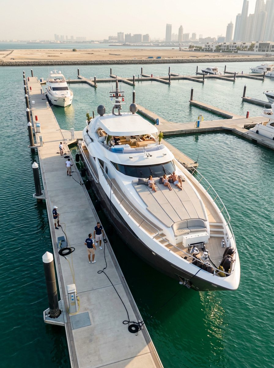 Yacht crew standing in uniform along a sunny wooden marina dock in Dubai