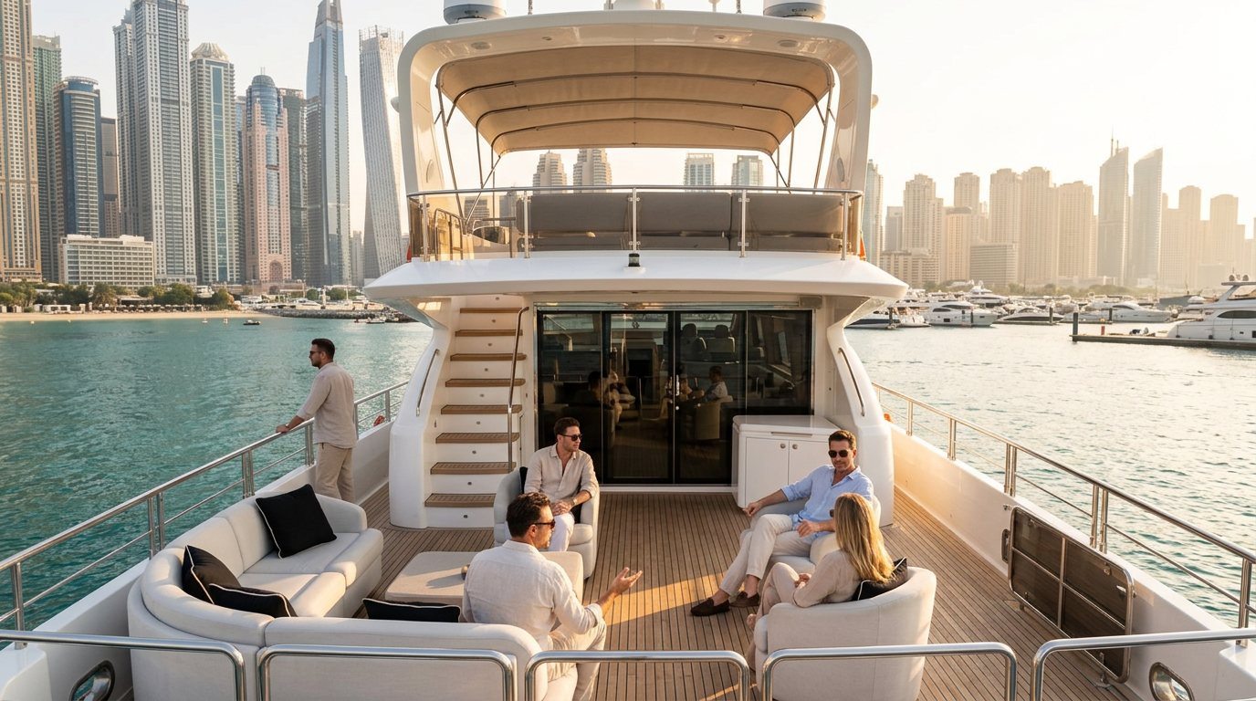 Yacht deck looking toward modern waterfront towers and berths at Dubai Marina