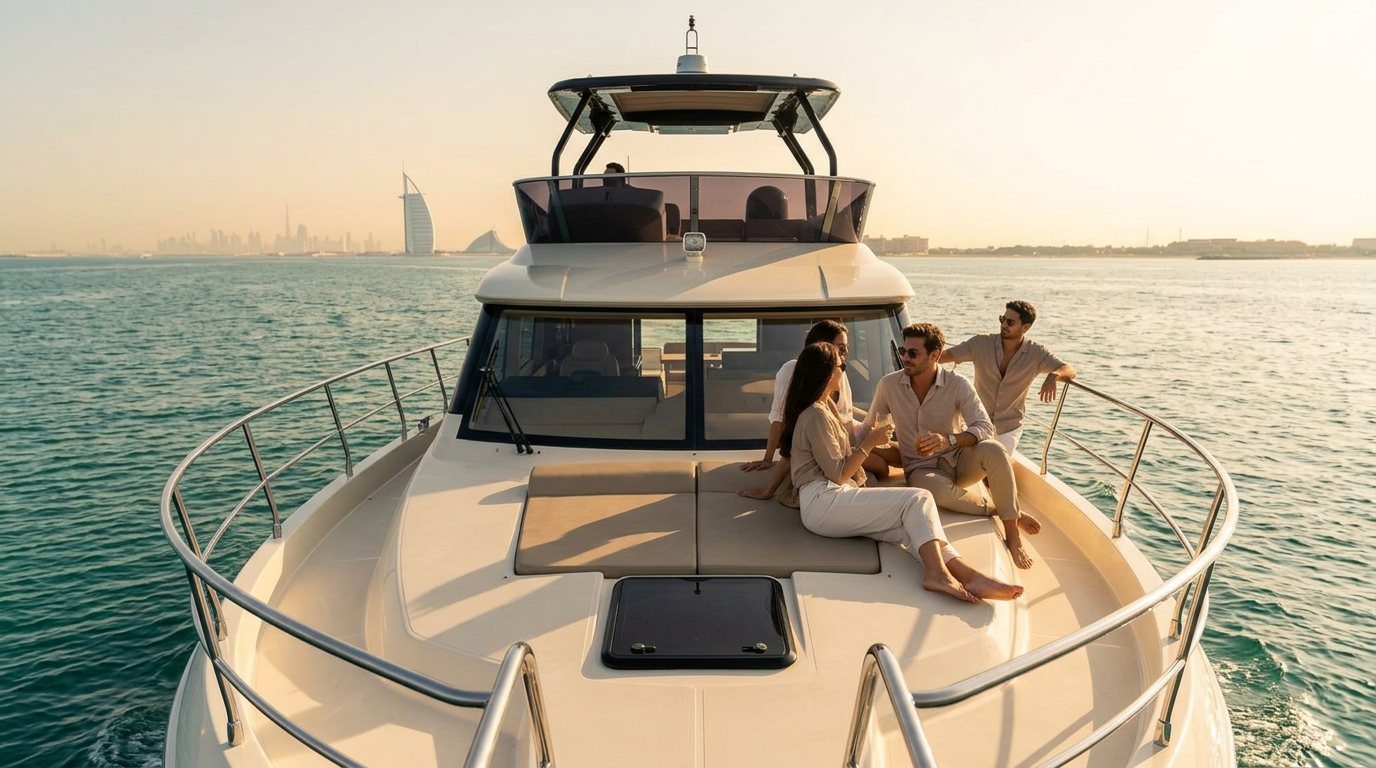 Yacht deck viewed toward the rear as the boat passes Dubai landmarks